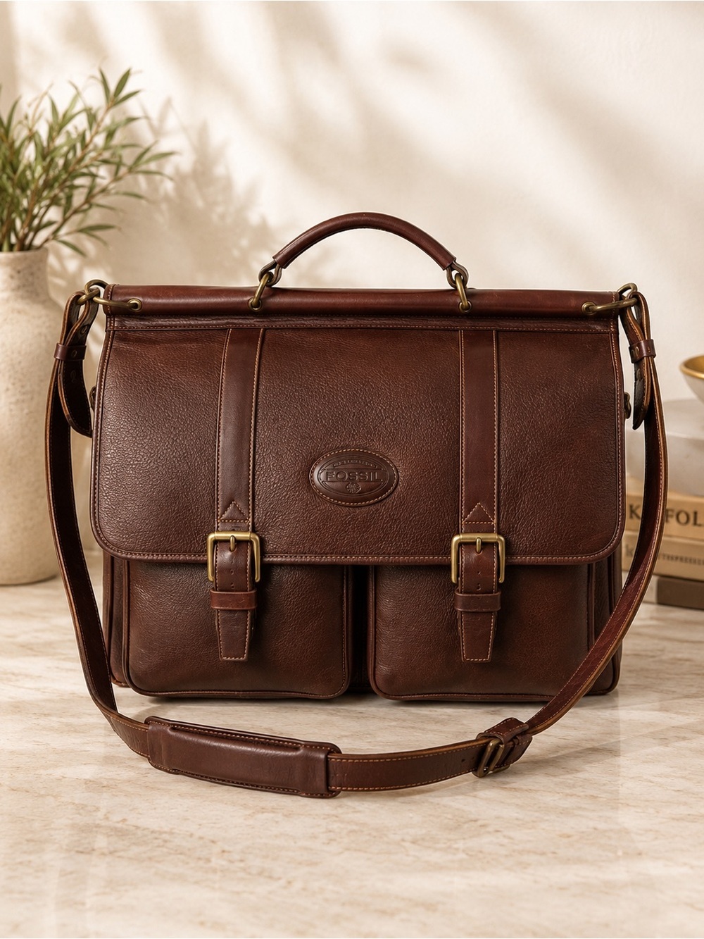 Vintage Fossil Brown Leather Messenger Briefcase Work Laptop Satchel Bag